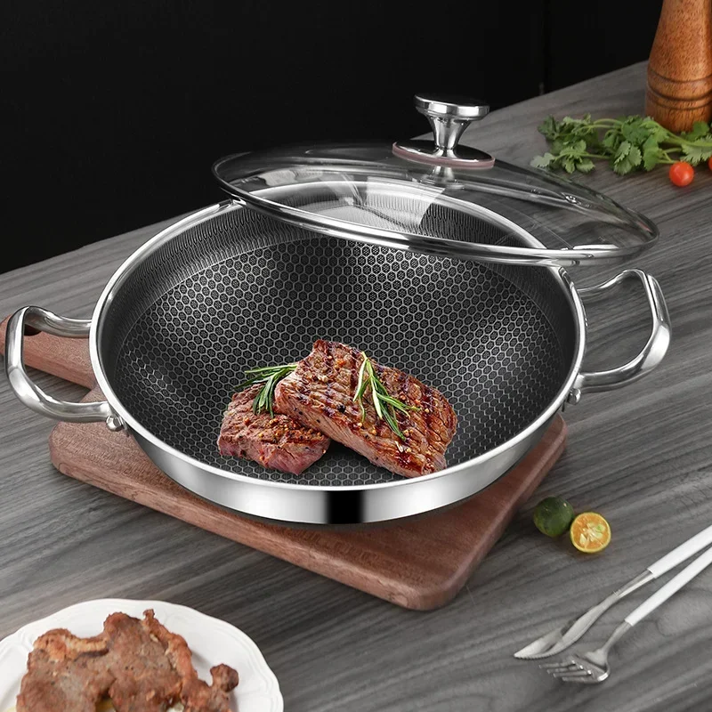 32cm 304 Stainless Steel Frying Pan Food Grade Non Stick Honeycomb Gas Pot Induction Wok Stove Cooker General Pan Bottom