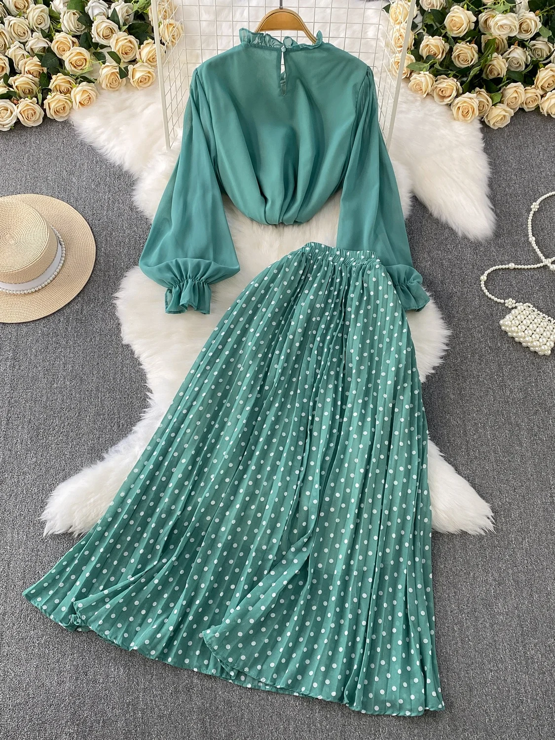 Pelindung Matahari Polka Dot Sve Panjang dengan Rok F Pinggang Tinggi Dua Potong Set Pakaian Faion Musim Panas Wanita Sifon Longgar...