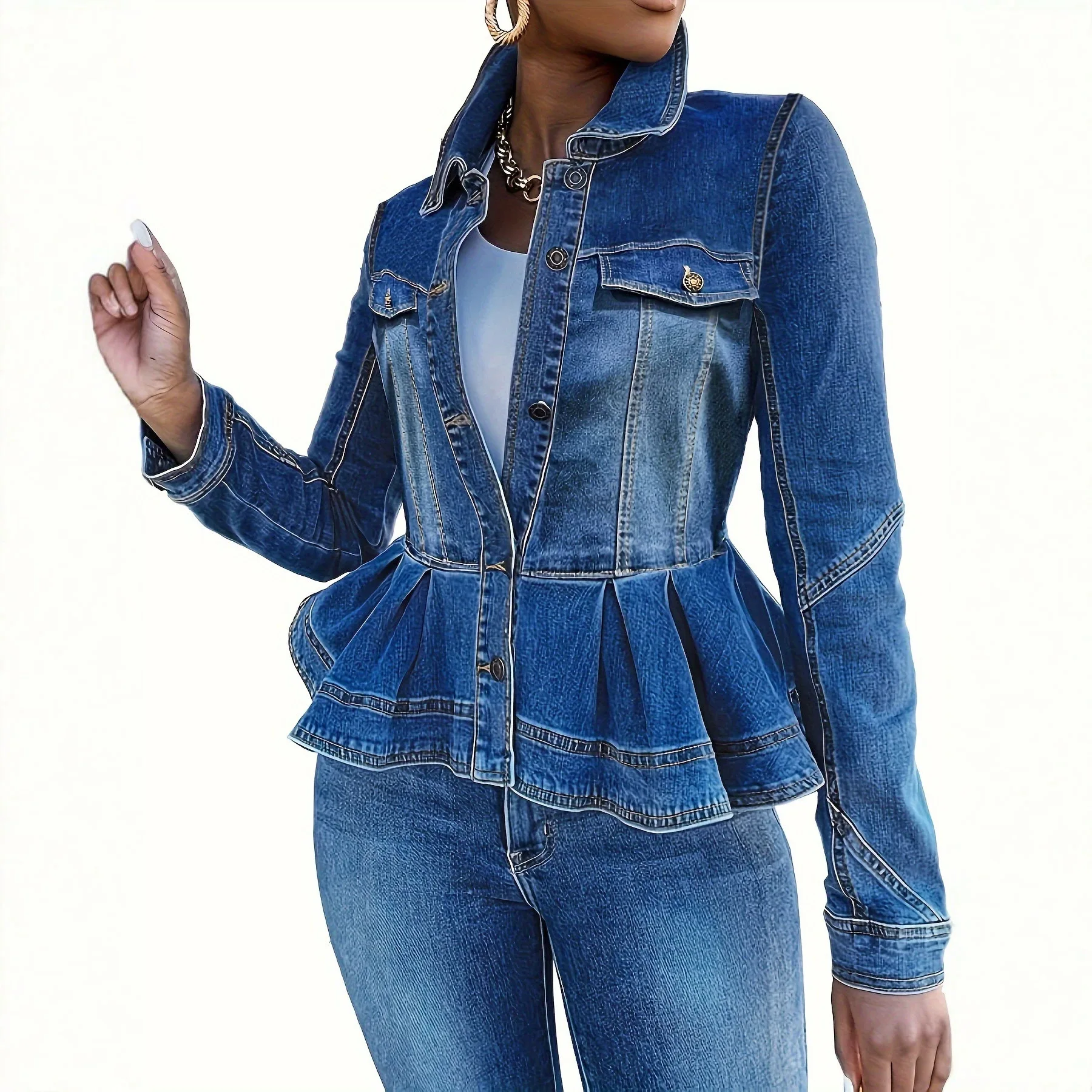 Autumn New Women's Retro Denim Jacket With A Single Breasted Collar Slim Fit Waist And Ruffle Edges Fashionable Daily Denim Top