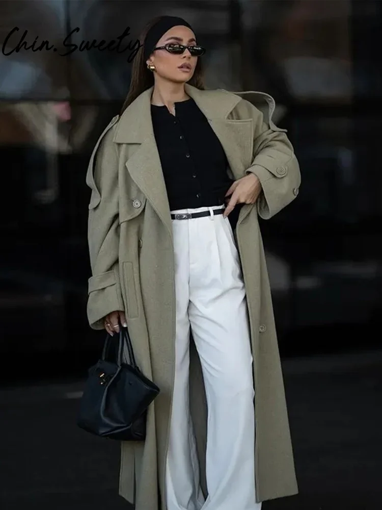 

Urban Solid Double Breasted Long Women Coat Loose Full Sleeve Belt Double Breasted Female Jacket 2025 Autumn Winter Lady Top