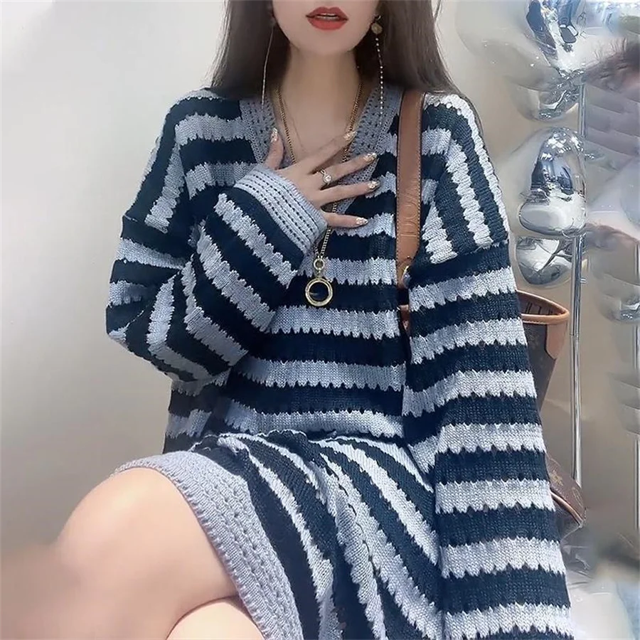 Fashion 2023 Women Autumn New Round Neck Knitted Pullover Striped Long Sleeve Sweater Women's Clothing Streetwear