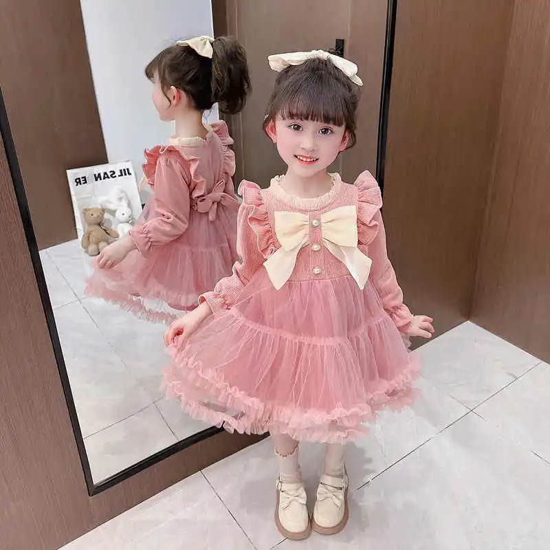 

Girls' Sweet Bow Puffy Mesh A-line Cake Dress 3-10Years Old Birthday Dresses ﻿Fashion Red Girls' Princess Dresses Long Sleeve