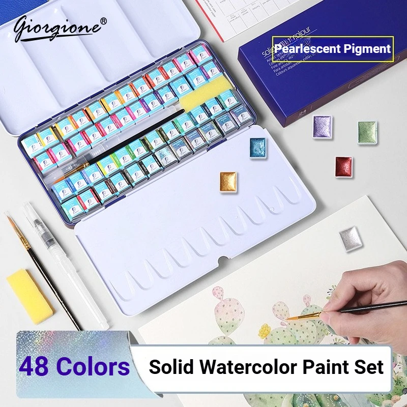 24/36/48 Colors Solid Watercolor Paint Set Pearlescent Metallic Shimmer Pigment with Water Brush Pen for Drawing Art Supplies
