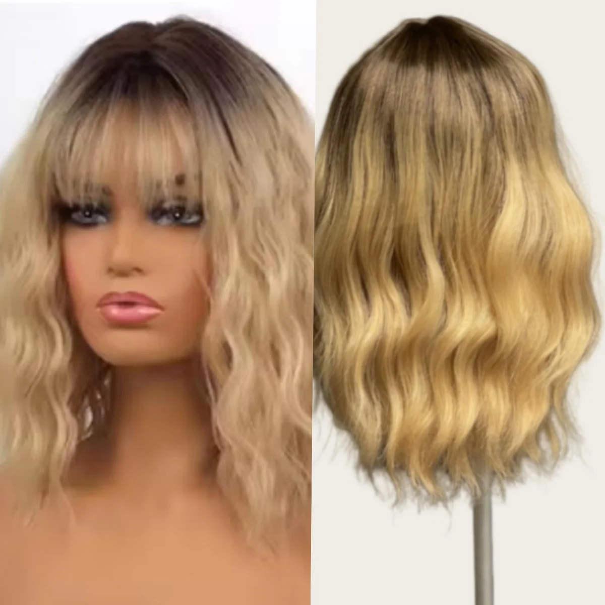 

Женская золотая стрижка боб с черным корнем, текстура волны воды, стильная текстурированная прическа боб для модного образа