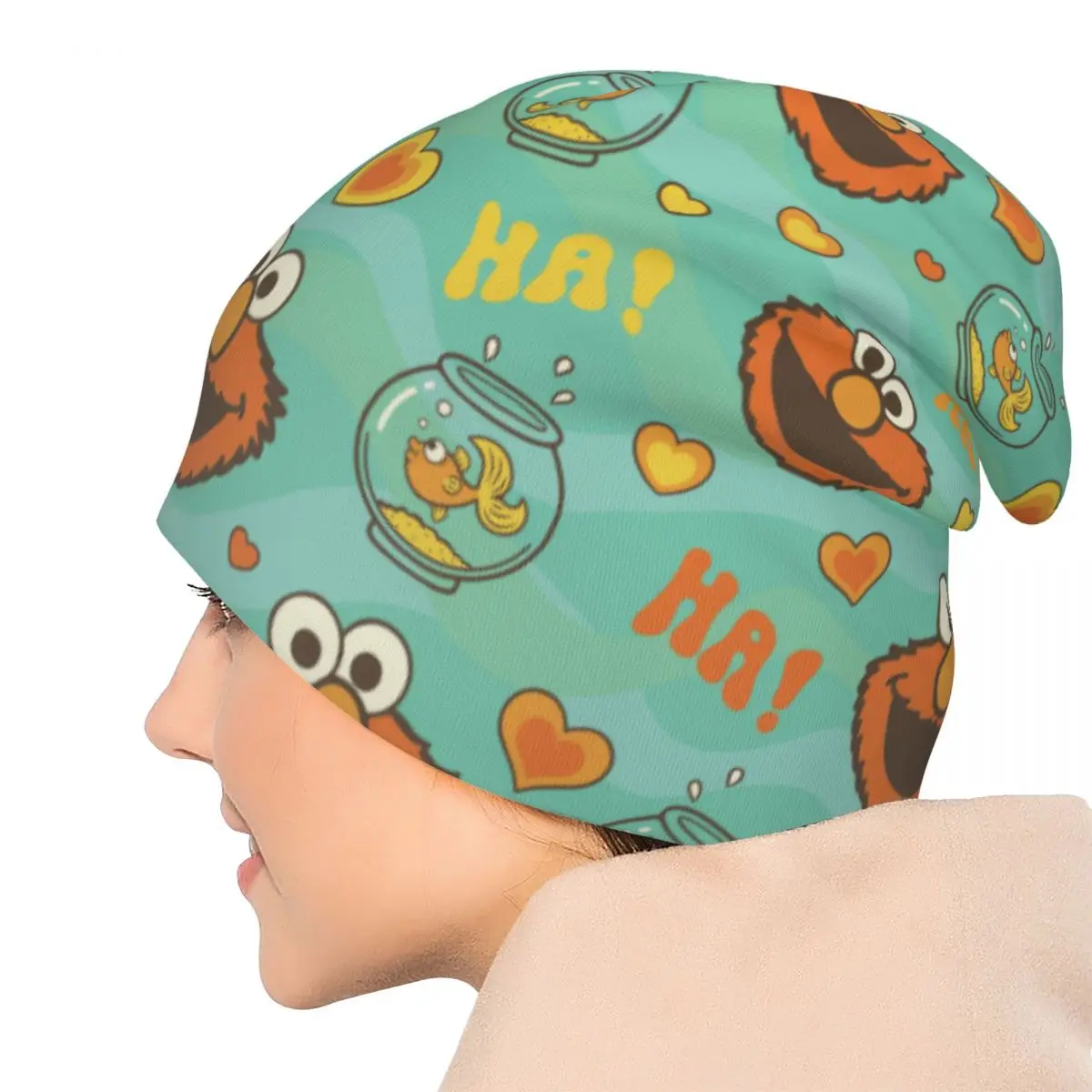 エルモと金魚柄セサミストリートボンネットハットクールアウトドアスカリービーニーハットメンズレディース暖かい多機能キャップ