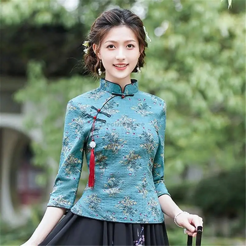 2024 Autumn new Chinese style stand collar improved cheongsam jacket daily retro women tea art top qi pao top retro blouse a438