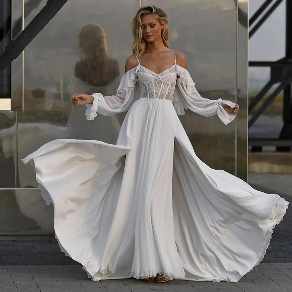 Simple Boho Chiffon Wedding Dress Sweetheart Floor Length Backless For Women Bridal Gowns White Lace Appliques Side Slit Robe