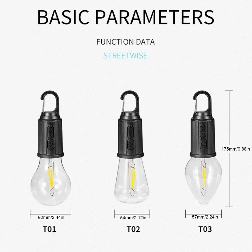 LED Camping Light Type-C Rechargeable Waterproof 400mAh 100LM Tent Light with Hook 3 Modes Lighting Outdoor Atmosphere Lantern