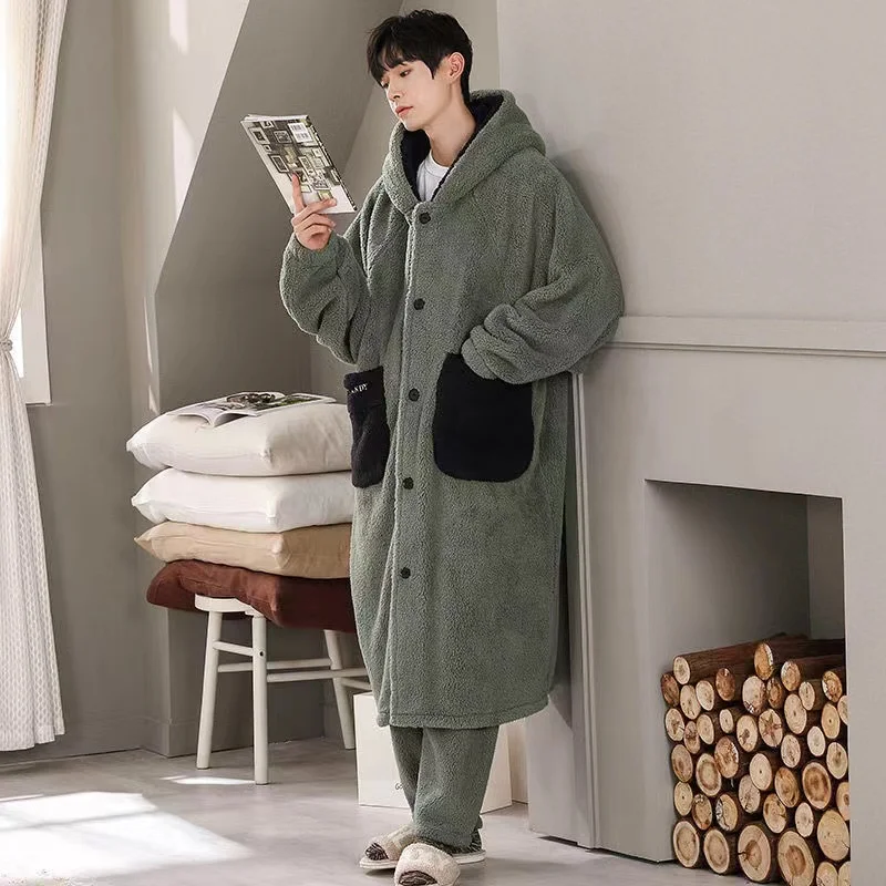 Korallen vlies Pijama setzt Männer Winter verdicken warmen Bademantel passt zwei Stück Kapuze Hauskleidung männliche Lounge wear Nachtwäsche