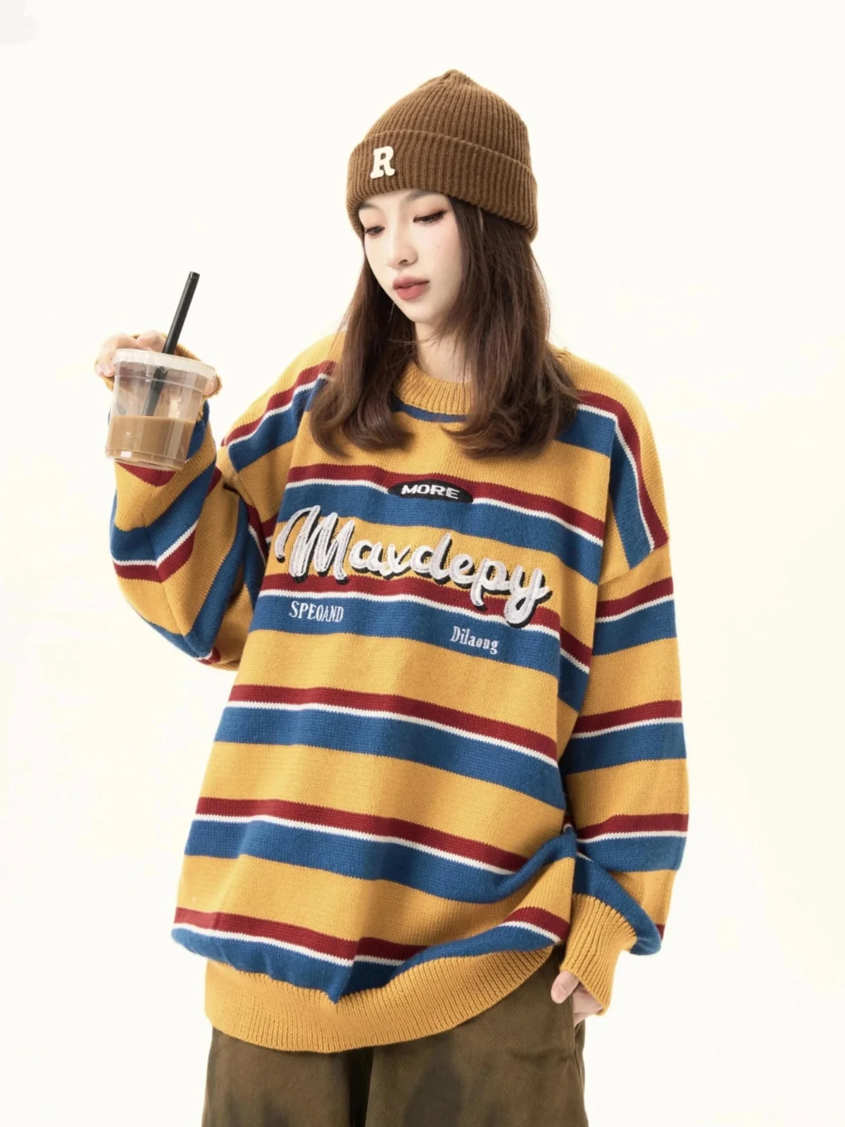 Retro American Embroidered Color Blo Striped round Ne Knitwear Men's Lazy Versatile Sweater Couple Trendy Autumn Faion