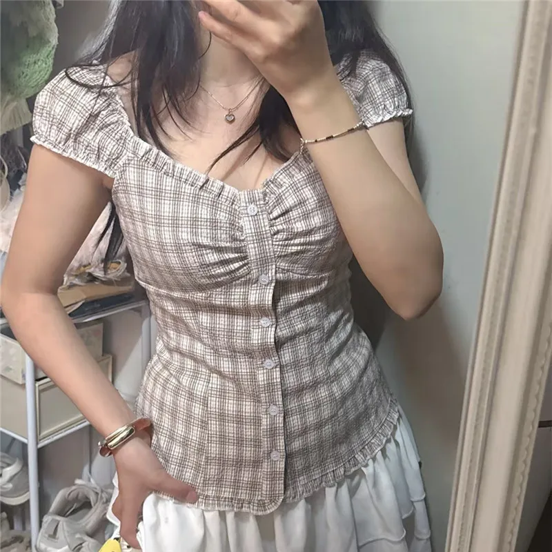 Women Cute Babydoll Puff Sleeve Lettuce Trim Top Coquette Slim Fit Button Front Smocked Back Baby Tee Y2k Going Out Top