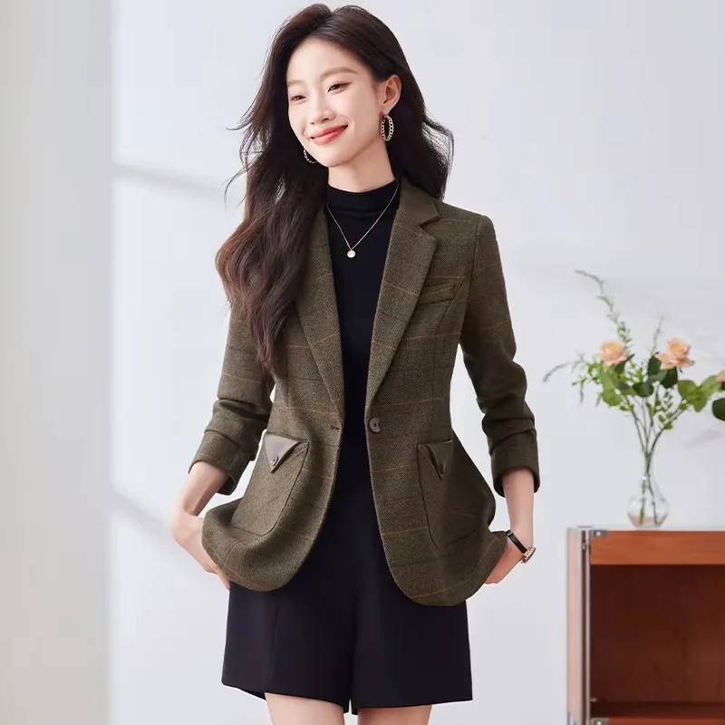 Insozkdg Koreanischer Stil, britischer karierter Anzug mit langen Ärmeln, Jacken für Damen, 2024, Herbst und Winter, neue Pendlermode, Einzelknopfjacke