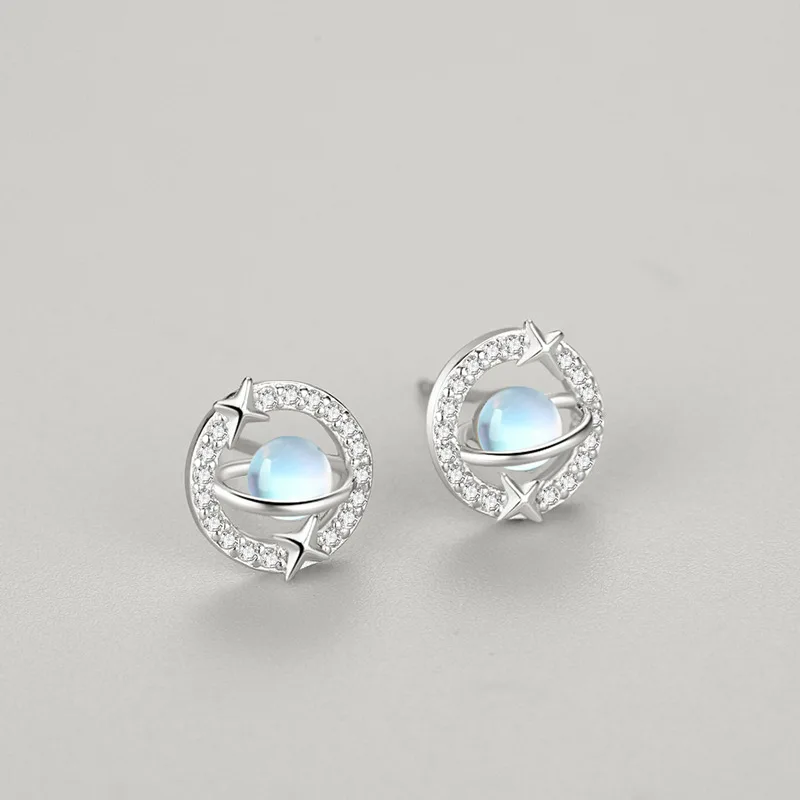 RYJU 925 Sterling Silver Exquisite Blue Cat's Eye Stone Moon Planet Earrings for Women Simple Star Zircon Earrings Party Jewelry