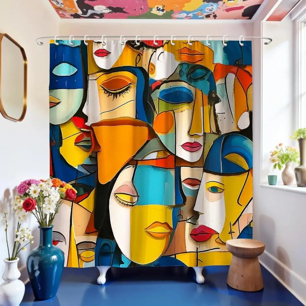Abstract Face Art Shower Curtain Colorful Geometric Modern Bathroom Decor Funny Artistic Bath Curtain for Home Guest Bathroom