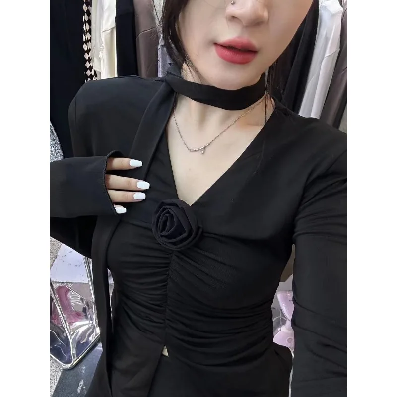 Y2k Women T-shirt V-neck Roses Fold Self Cultivation Tops Autumn Women Clothing Design Tie The Neck Ribbon Chic Sexy Tees