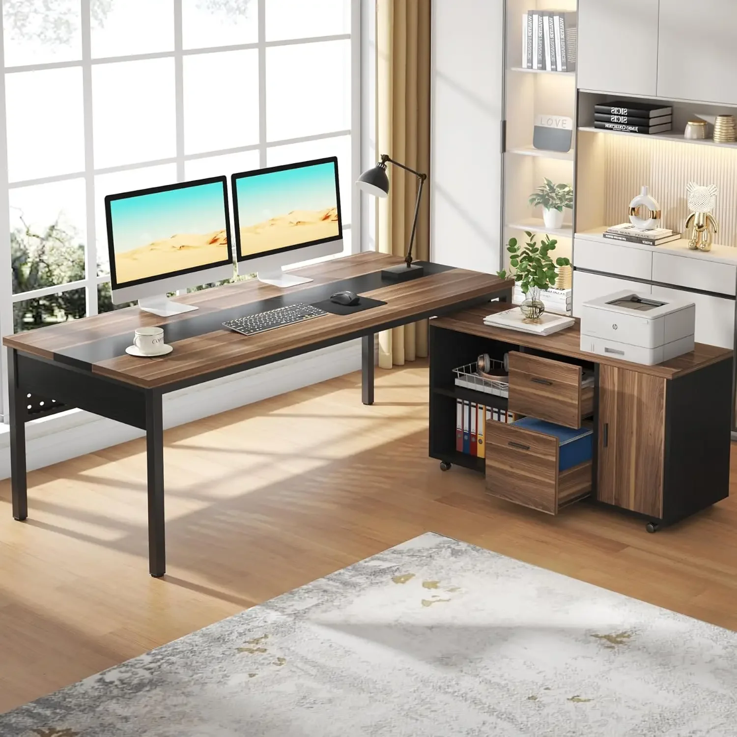 L-Shaped Computer Desk 2 Piece Business Furniture with Drawers and Shelves, Home Office Workstation, Walnut