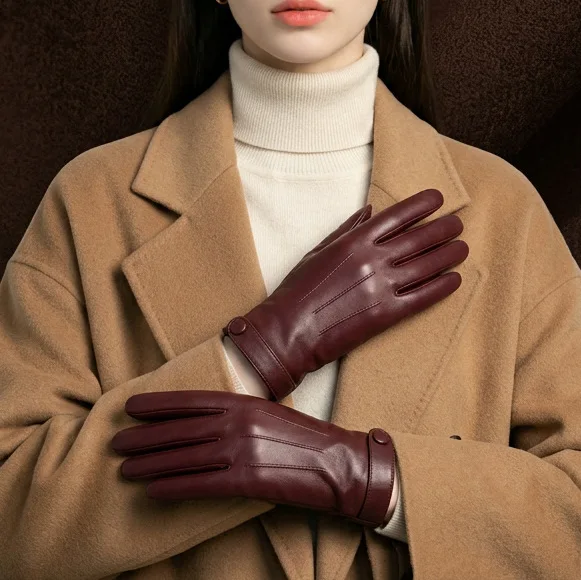 Women's Sheepskin Gloves Winter Warm Plus Velvet Short Thin Touch Screen Driving Color Women's Leather Gloves Good Quality