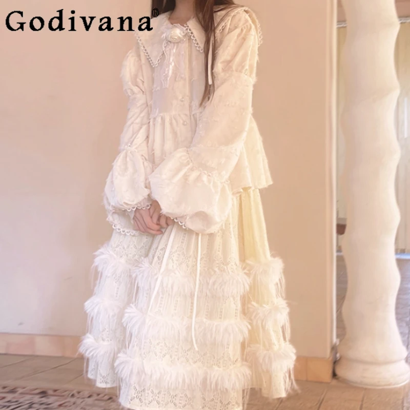 

Spring Autumn Fashion Loose Lace Long Puff Sleeve Solid Color Bottoming Shirt Sweet Girl Versatile Age Reduction Lolita Shirts