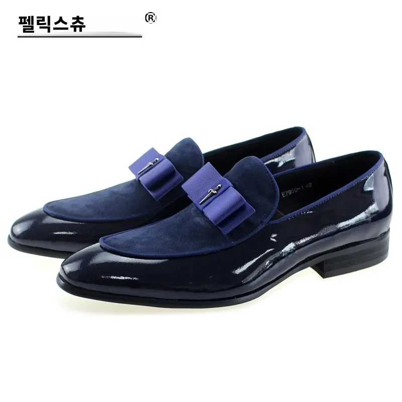 Mocassini da uomo fatti a mano in vera pelle verniciata Patchwork in pelle scamosciata con papillon calzature da sposa scarpe eleganti da banchetto