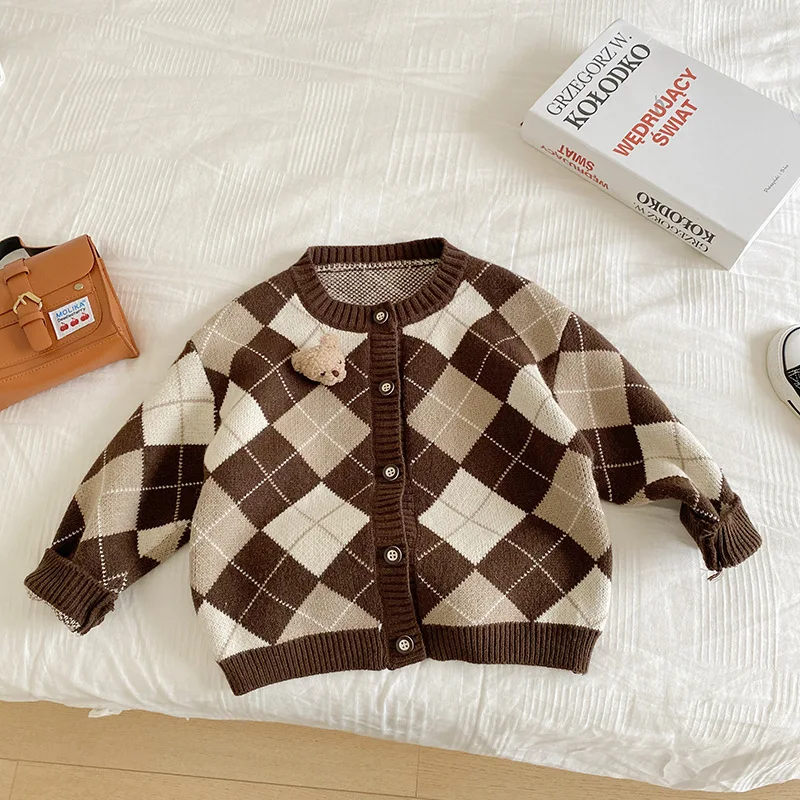 Fashion Children Boy Girls Matching Clothes Plaid Knitting Sweater Tops Pleated Skirt Pant Bear Outwear Spring Fall Clothing Set