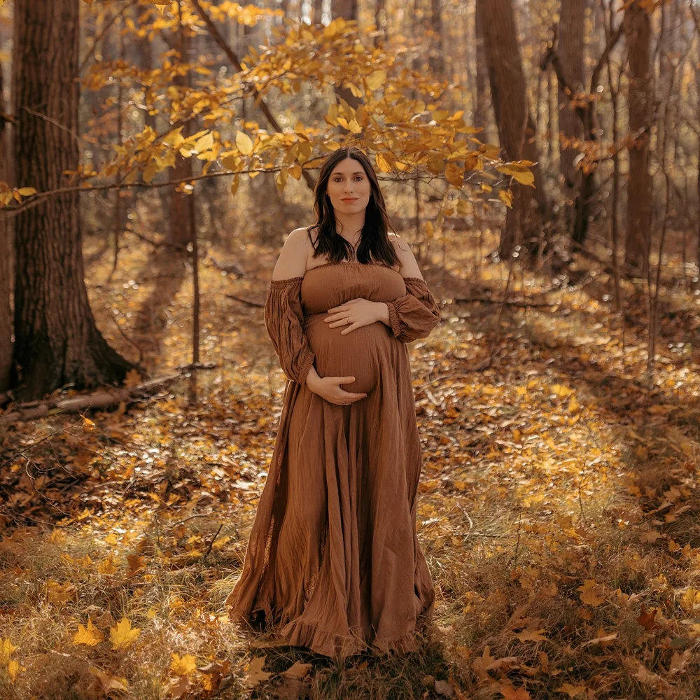 البوهيمي صور اطلاق النار فستان الحمل لينة الكتان القطن قبالة الكتف مطوي حافة فستان النساء الحوامل التصوير فستان #2