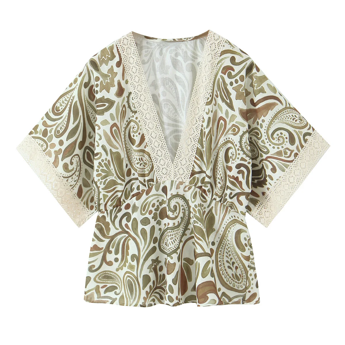 

PB&ZA2025 Summer new women's casual crochet decorative layer printed wide short sleeved V-neck top