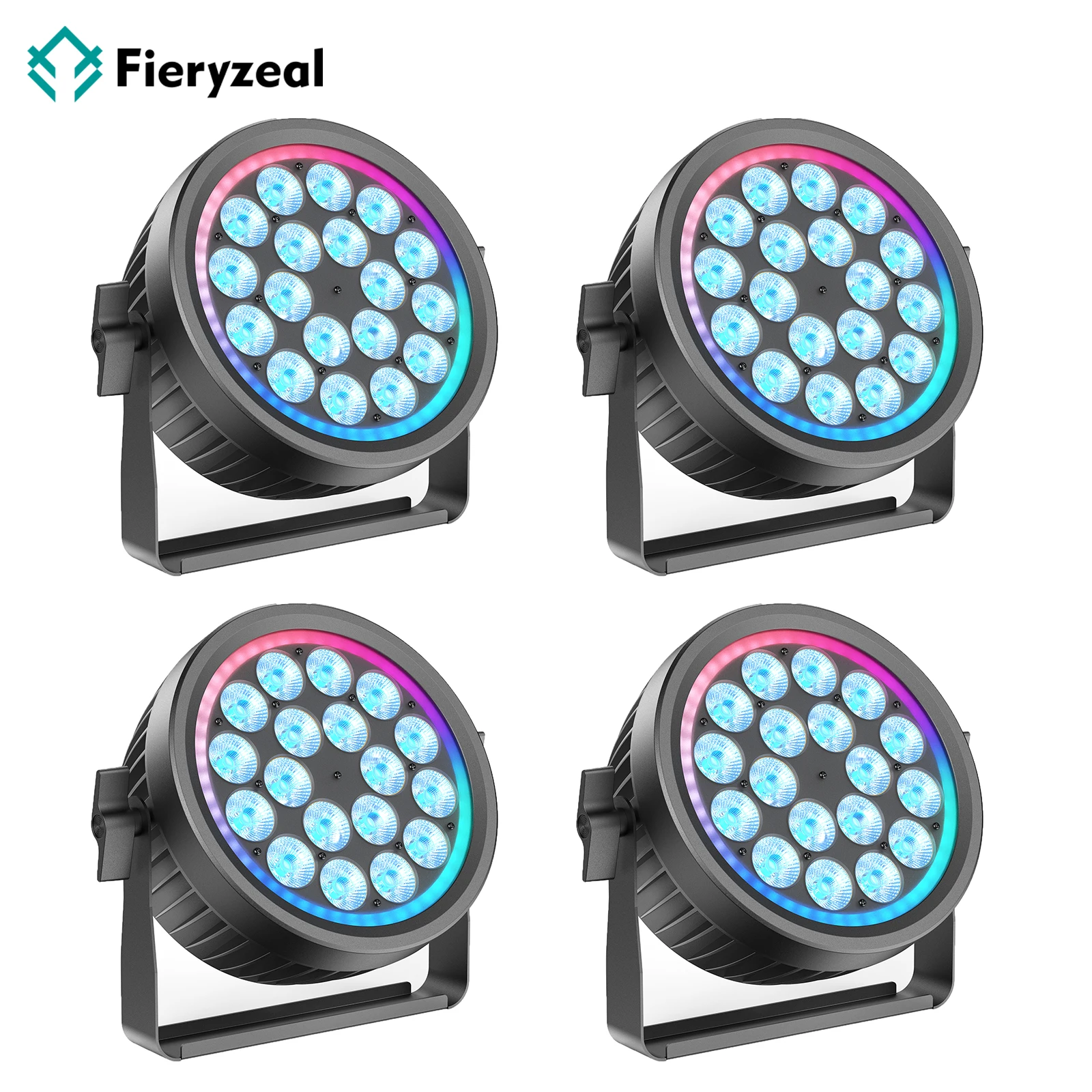 

Fieryzeal 4PCS 200W Quiet Par Light DMX512 18x10W RGBW LED Par Light with RGB Ring Strobe Effect Stage Light for DJ Disco Party