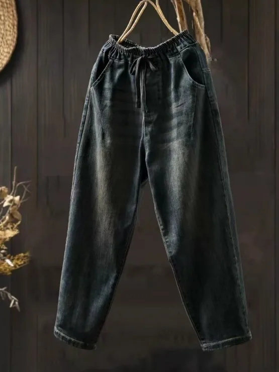 

Women's Harlan Jeans 2025 New Sle Vintage Embroidery ket Loose Dstring Versatile Denim Pants Autumn Season Cotton 00%