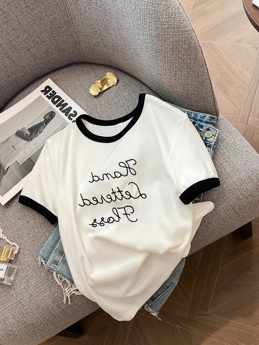 

Футболка в стиле ретро High Street Color Blo round Ne Letter для мужчин и женщин, летний дизайн, универсальный топ для похудения INS ort Sl...