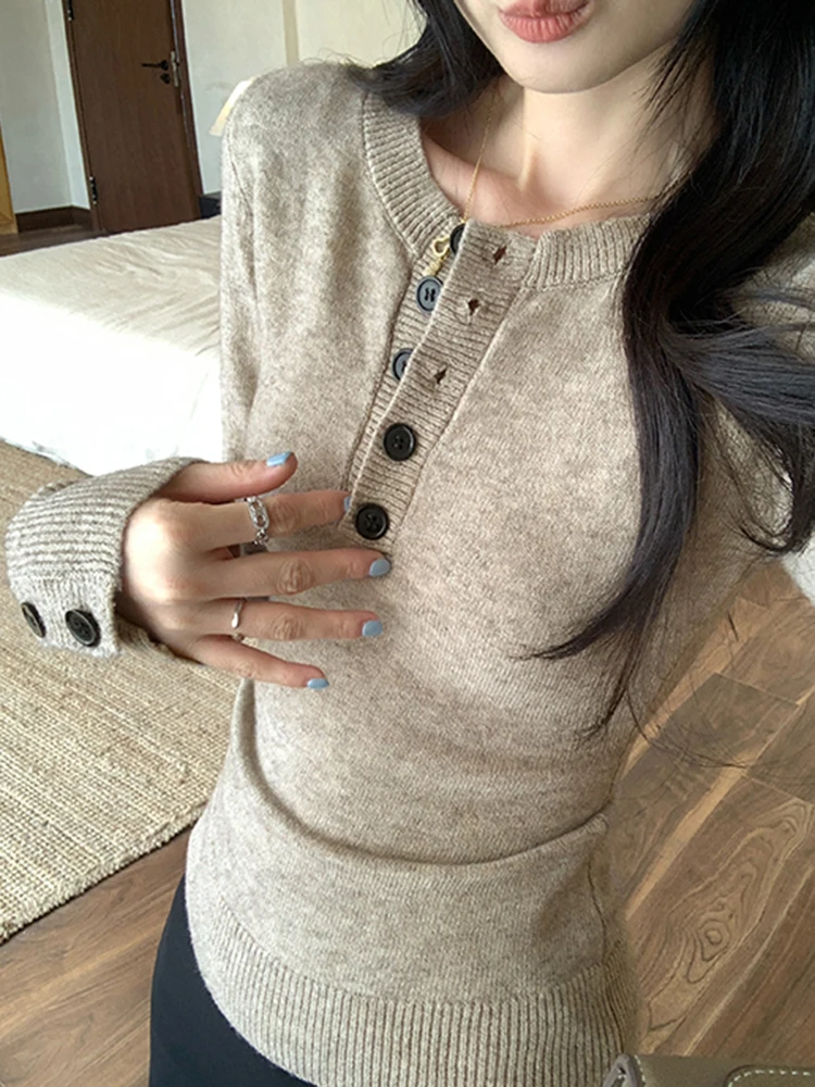 Slim Fit Knit Sweater Women Autumn Winter Button Vintage Office Lady Pullovers Long Sleeve Solid Simple Retro Bottoming Jumpers