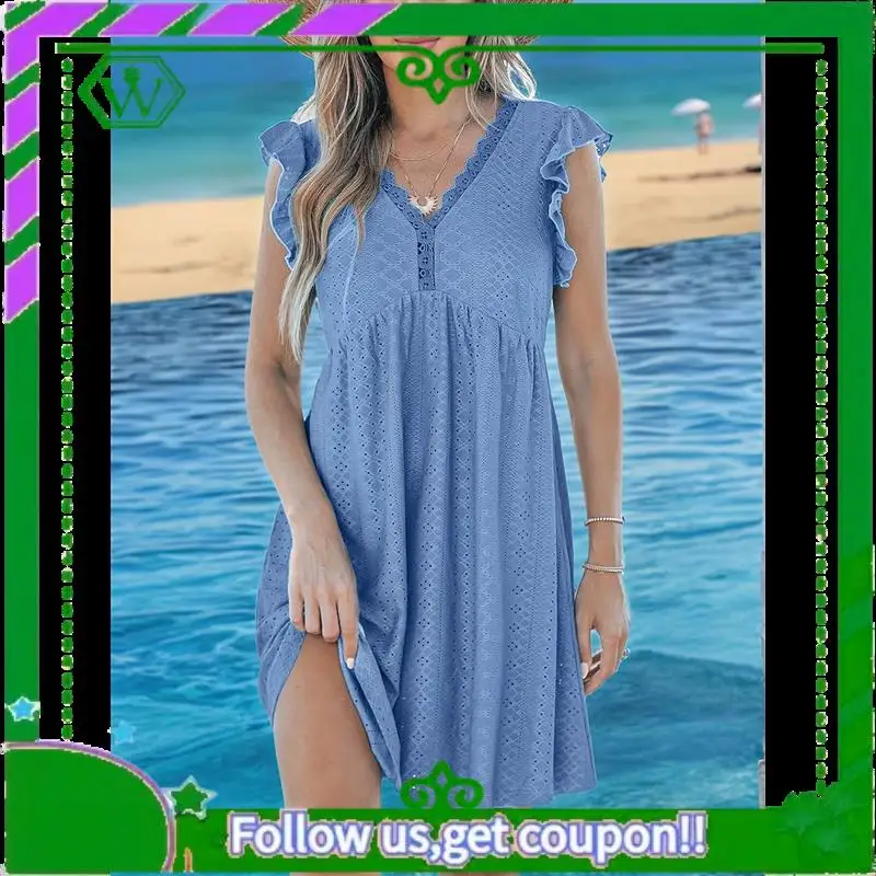 A18P-Vestido feminino de verão, manga plissada, decote em V, vestidos midi, moda casual, ajuste fluido, em camadas, boho, praia, férias, vestido de verão