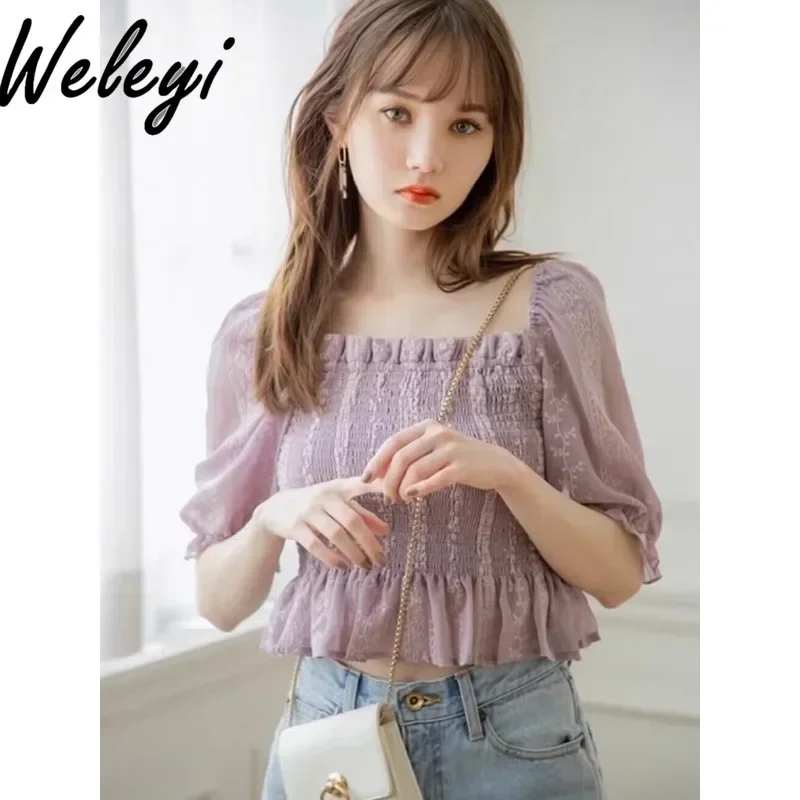 

Summer Japanese Style Cute Shirts Womens Tops Sweet Embroidered Pleated Elastic Square Neck Solid Color Blouse Camisas E Blusas