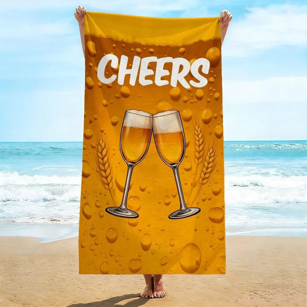 Cheers Themed Beach Towel, Yellow Retro Toast Print Bath Towel, Quick Dry Large Pool Blanket for Vacation & Shower 1pcs