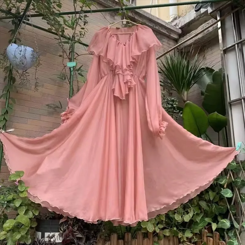 

Розовое ледяное шелковое платье 10 м, большое свободное платье, сексуальное длинное платье из тюля с оборками, праздничная одежда, прозрачный сенсорный халат для сна, ночное платье