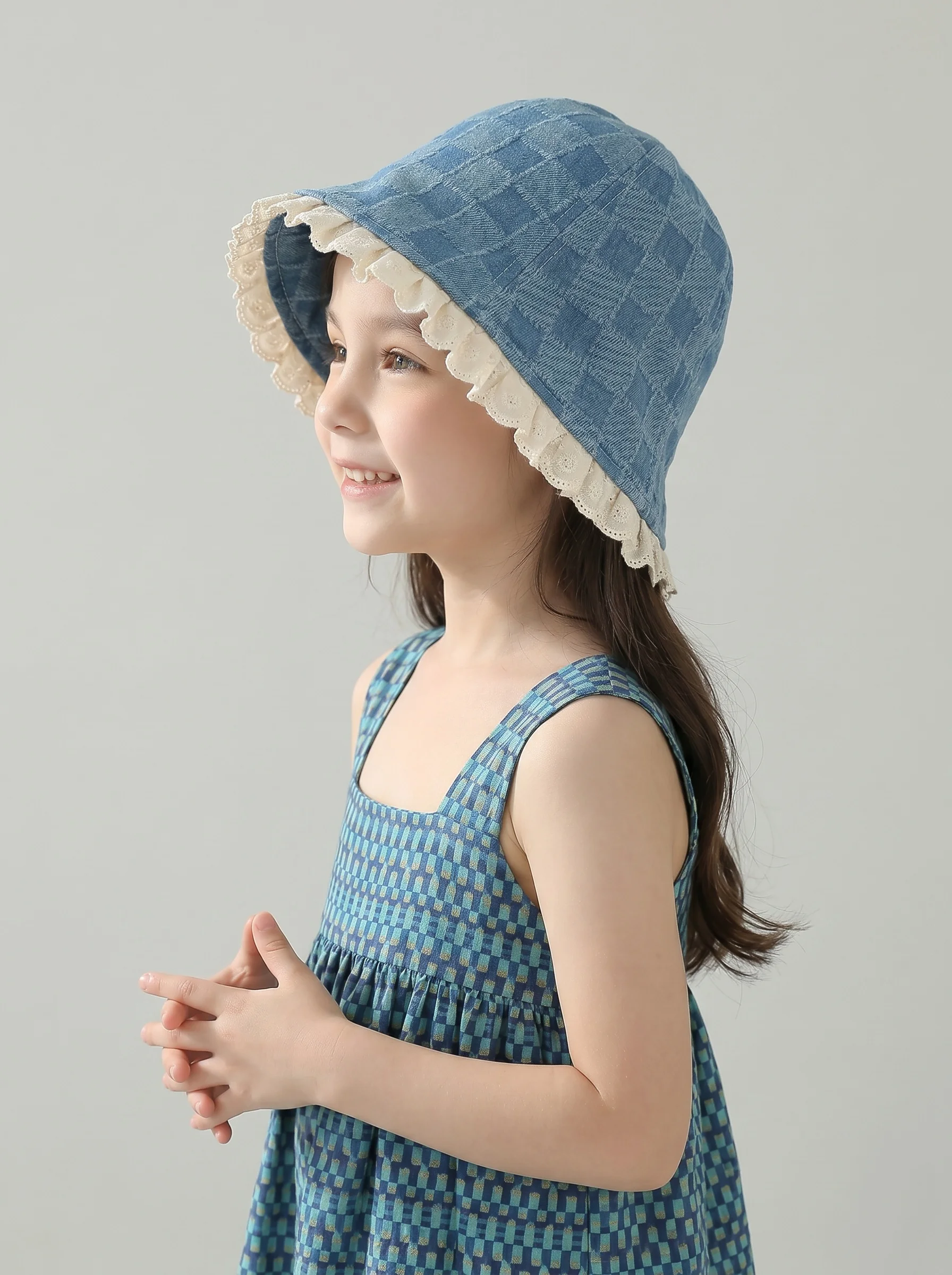 naits-keits-girls-plaid-cotton-bucket-hat-with-lace-trim-children's-denim-pot-hat-fisherman-hat-spring-season-wide-brim-round