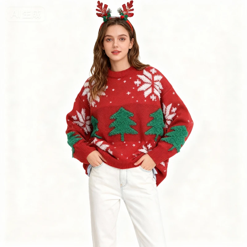

Women's New Arrival Christmas Sweater Red Tree Snowflake Pattern Oversized Casual Pullover Fashion Top