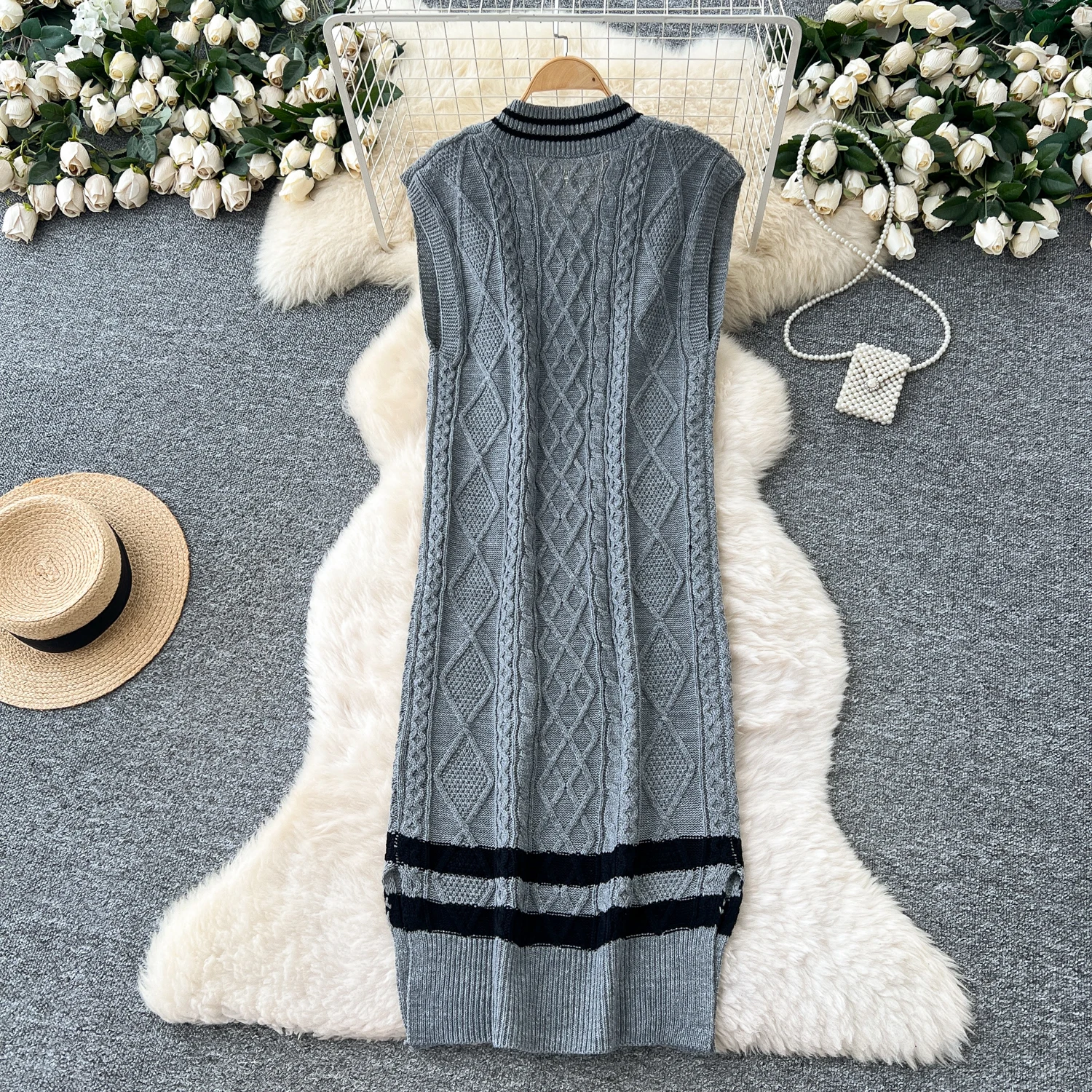 Chic vintage lavorato a maglia sciolto scollo a V senza maniche Elegante fata moda coreana Boho abbigliamento donna Abito lungo