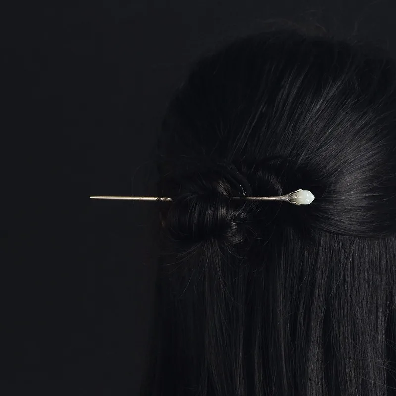 S925 Silver Magnolia Hairpin Inlaid Imitation Hetian Jade New Chinese Style Hanfu Updo Hair Stick for Women