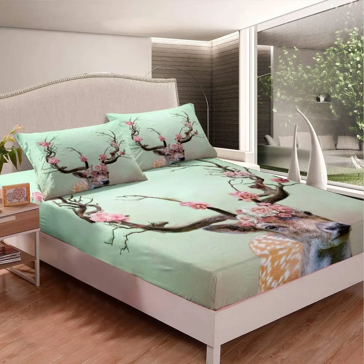 

Deer Fitted Sheet Elk Antlers Cherry Blossom Branches Bedding Set Wildlife Animals Top Sheet for Boys Girls Home Room Decoration