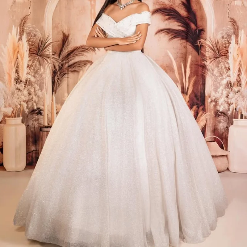 

Shiny ivory white Wedding Dresses long sleeves The corset lace decal off-shoulder Bridal Gowns multi-layer Made