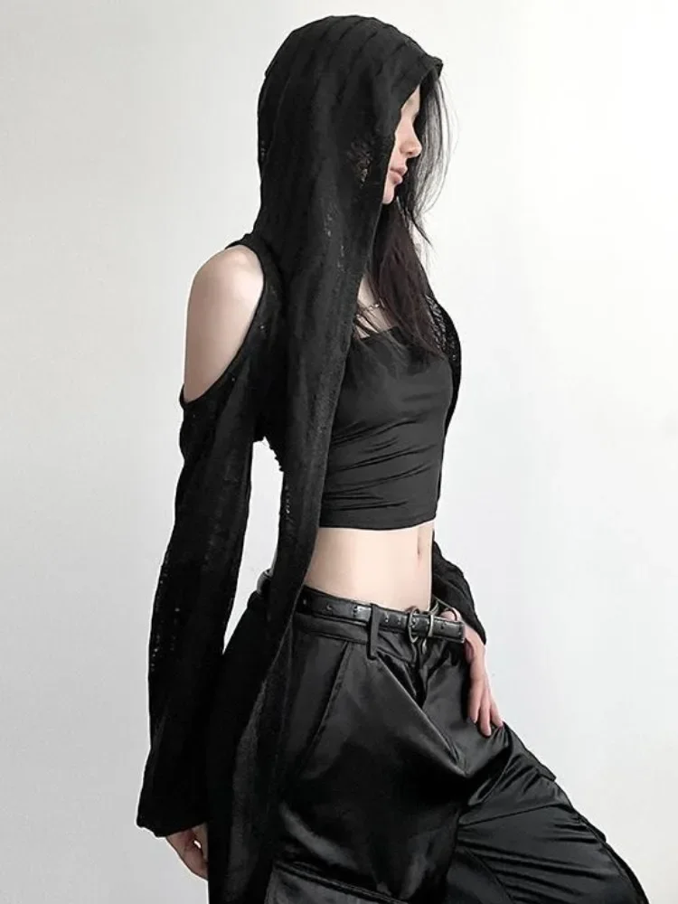 Y2k estética feminina sexy malha com capuz colheita camiseta vintage oco para fora streetwear grunge tshirts harajuku bandagem t femme