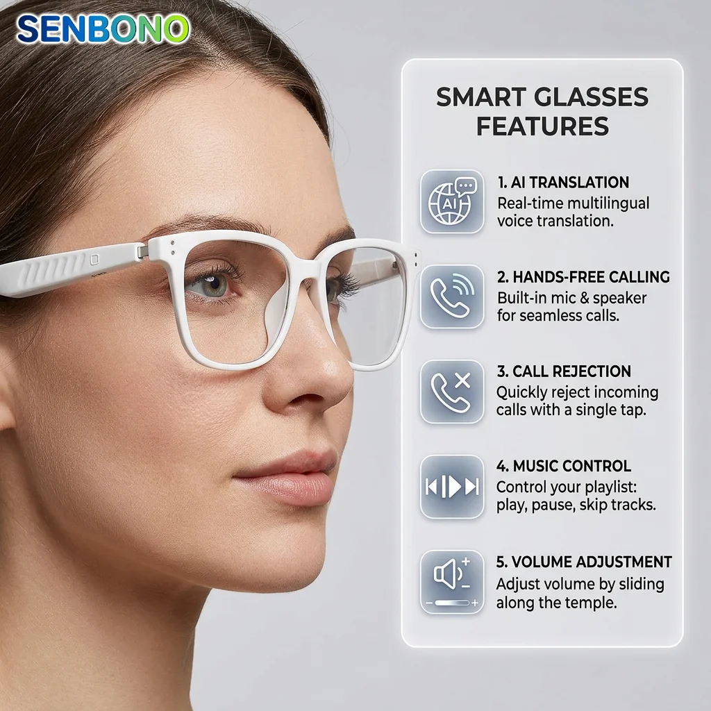 

Умные аудиоочки SENBONO 2026 с AI-переводом для мужчин: 100+ языков, Bluetooth-звонки, воспроизведение музыки, солнцезащитные очки