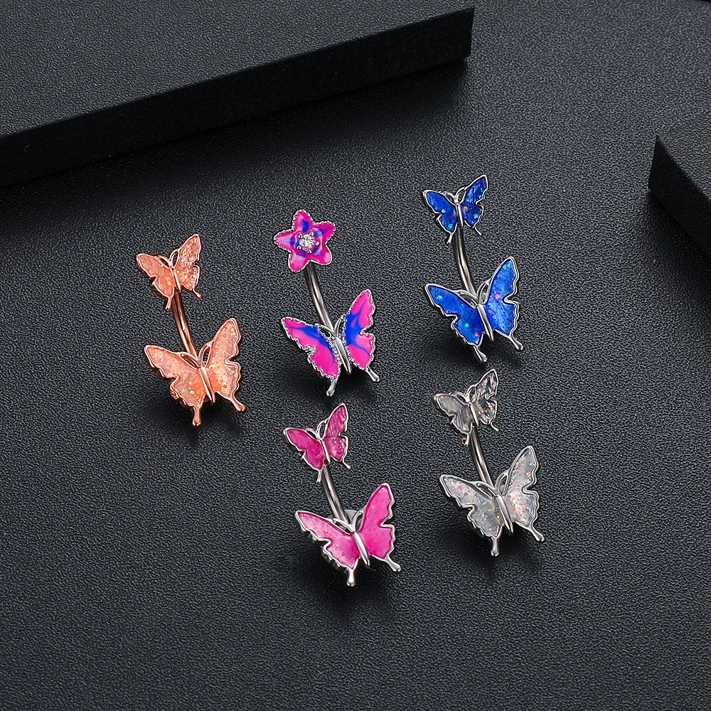 Garden Series Cute Romantic Belly Button Rings Steel Blue Pink CZ Opal Navel Piercing Belly Ring Moon Sun Butterfly Body Jewelry