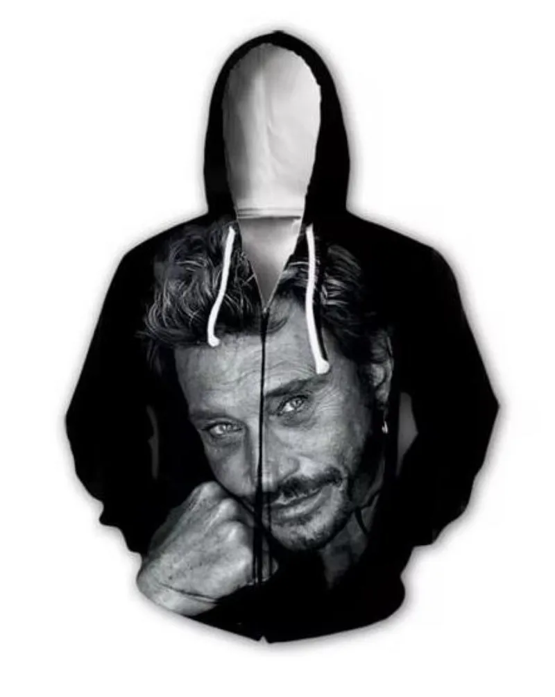 

New Men/Women 3D Printed Johnny Hallyday Casual Zipper Hoodies Fashion Men Loose Sporting Zip Up Hoodies L04