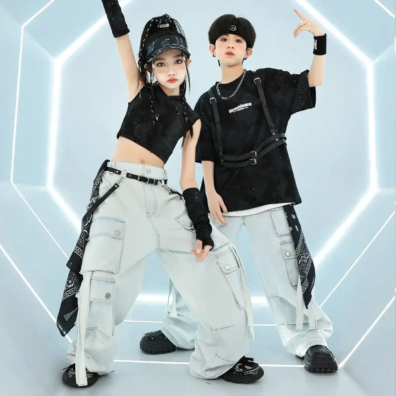 

Детский костюм для танцев в стиле хип-хоп, черная футболка сейцина, свободные брюки-карго, одежда для уличных танцев для мальчиков и девочек, одежда для джазовых представлений