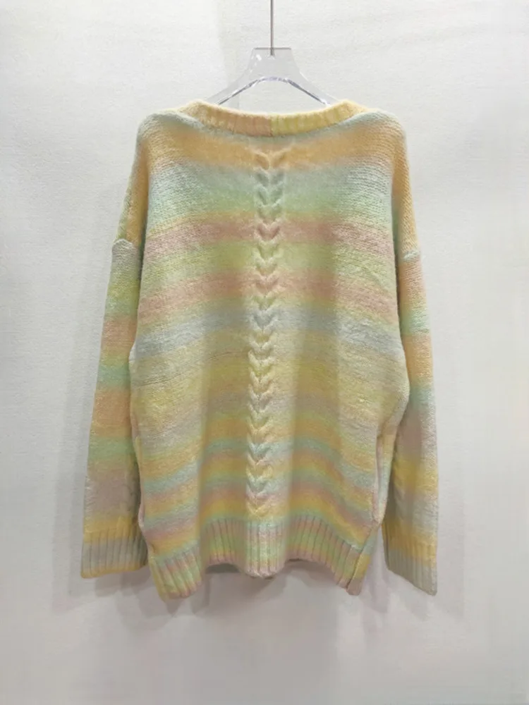 [ZOCI] Winter New Lazy Style Necklace Rainbow Gradient Dopamine V-neck Long Sleeved Knitted Cardigan Sweater For Women