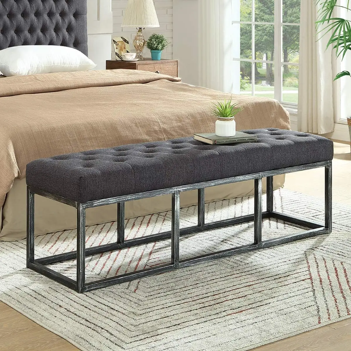 24KF Upholstered Tufted Long Bench with Metal Frame Leg, Linen Bench Ottoman with Padded Seat-Dark Gray