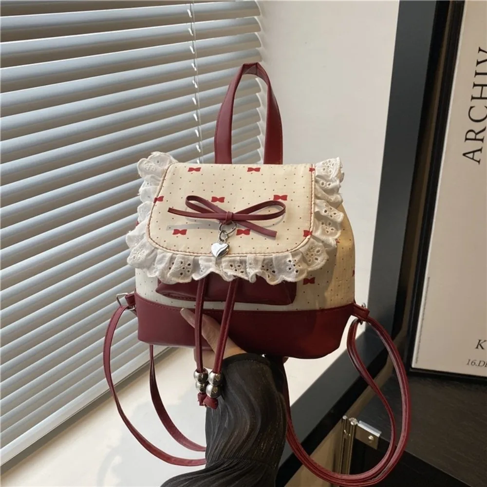 Fashion Lace Trim Butterfly Knot Backpack Polka Dot Sweet Bow Mini Backpack Lightweight Small Book Bag Women