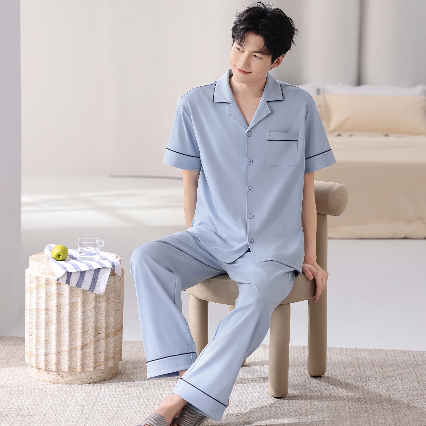 Summer Full Pure Cotton Short Sleeve Pajamas For Young Male Lapel Cardigan Sleepwear Solid Color Mens Lounge Homewear Pajama Set