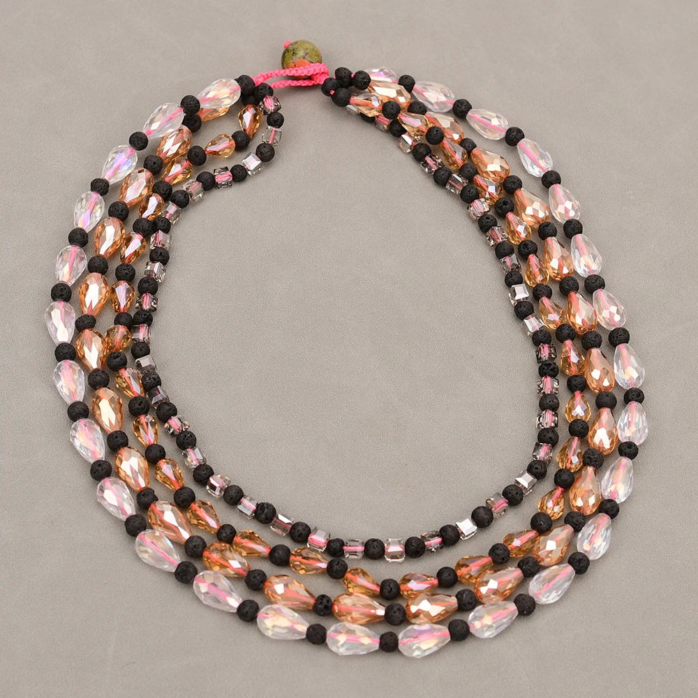 APDGG A121 Handmade 3 Rows Natural Mix Stone Crystal Volcanic rock Multi Strands Necklace
